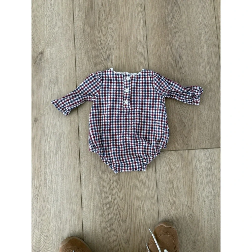 Nicole Miller‎ Gingham Ruffle Long Sleeve Romper Red Blue 0/3M Cotton Blend